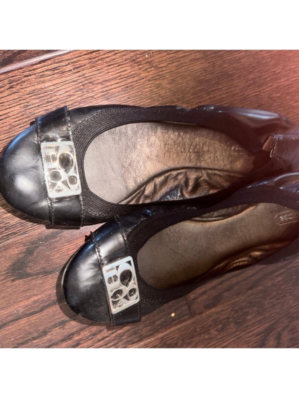 Coach Black Leather Ballet Flats with Silver Logo
